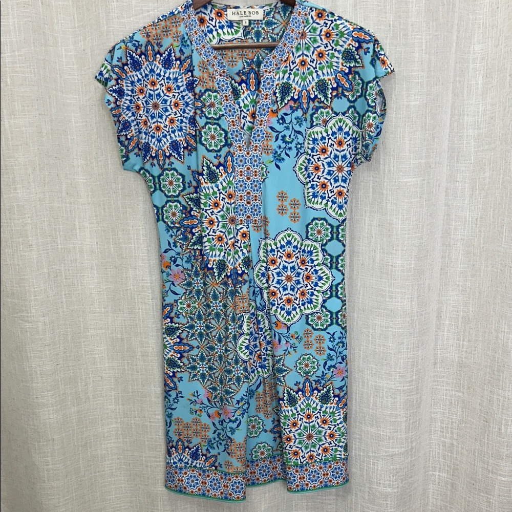 Hale Bob Turquoise Mosaic Print Cap Sleeve Dress Size Small Excellent Condition